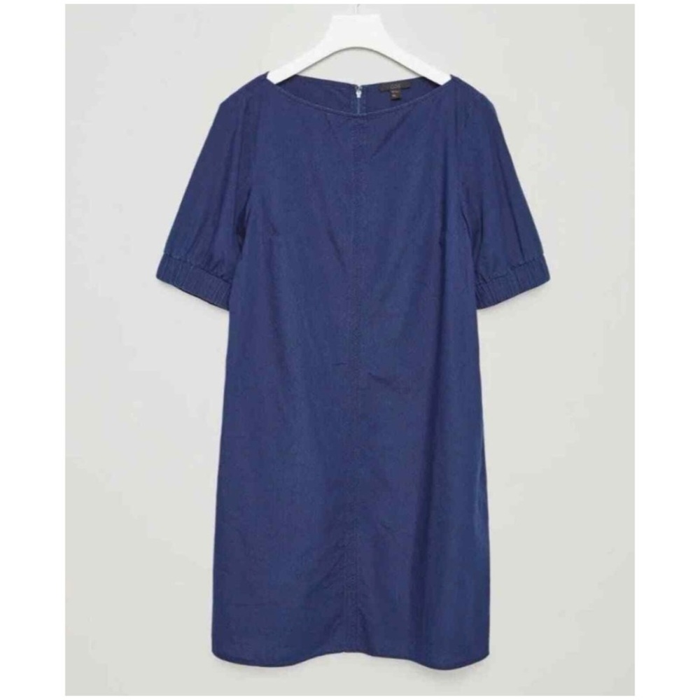 COS Women’s Sz 4 Blue Shift Dress Cotton Short Sleeve Pockets Minimal